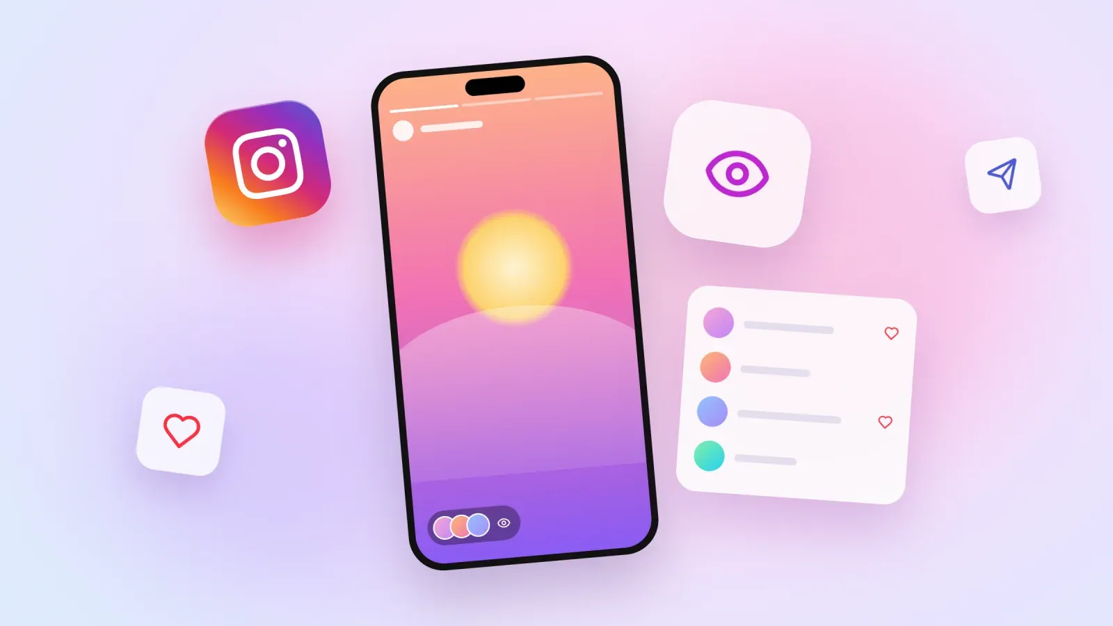 Phone showing an Instagram Story with viewer avatars, next to a glossy Instagram logo, an eye icon, a viewer list card with hearts and floating heart and send icons