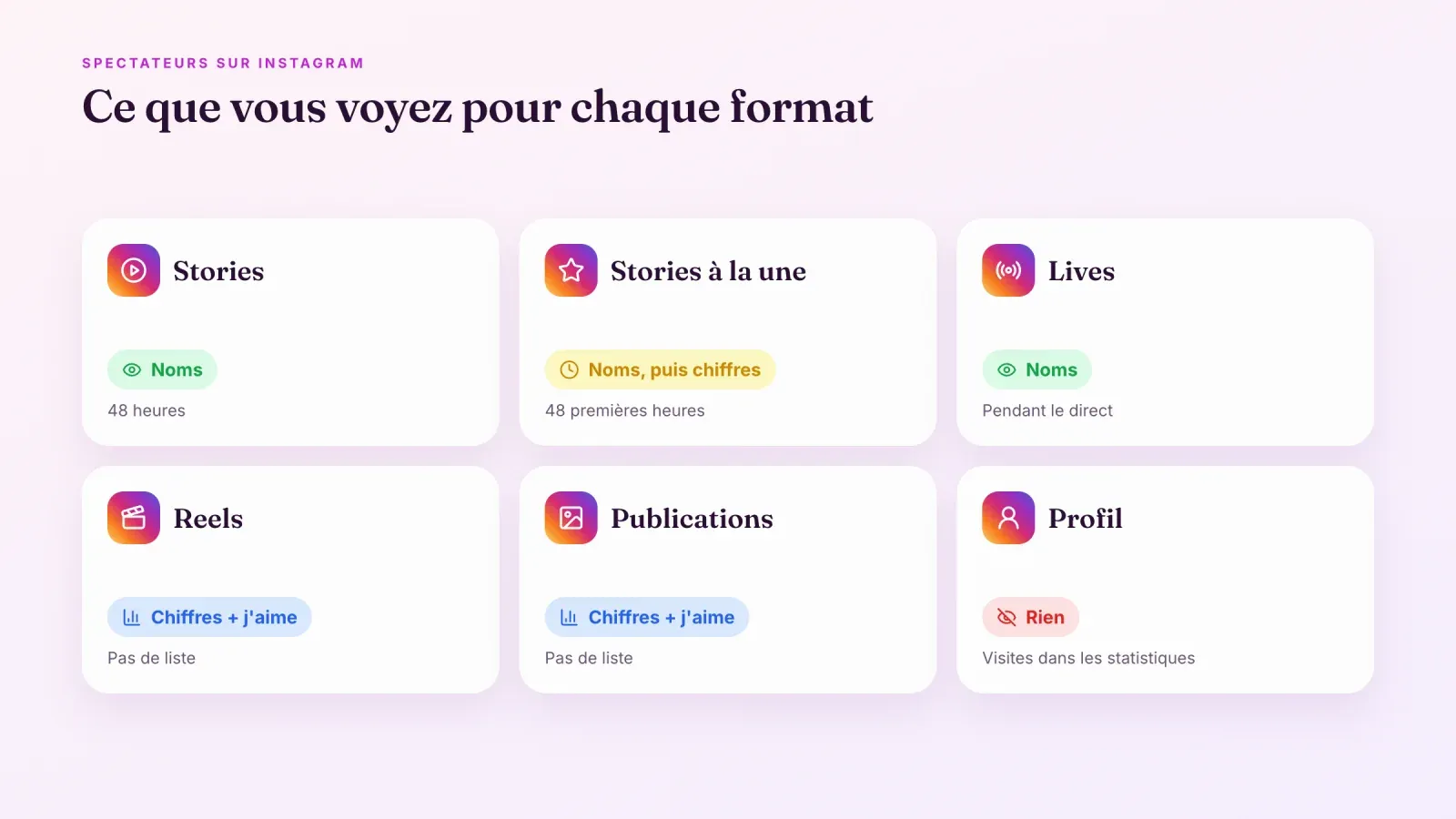 Six cartes montrant ce qu'Instagram révèle pour chaque format, des noms pour les stories et lives, des noms puis des chiffres pour les stories à la une, des chiffres pour Reels et publications, rien pour le profil