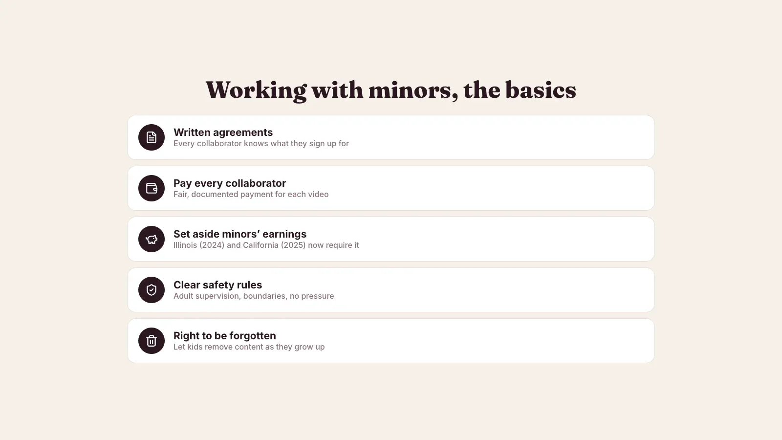 Checklist for working with minors, written agreements, paying every collaborator, setting aside minors' earnings as Illinois and California require, safety rules and the right to be forgotten
