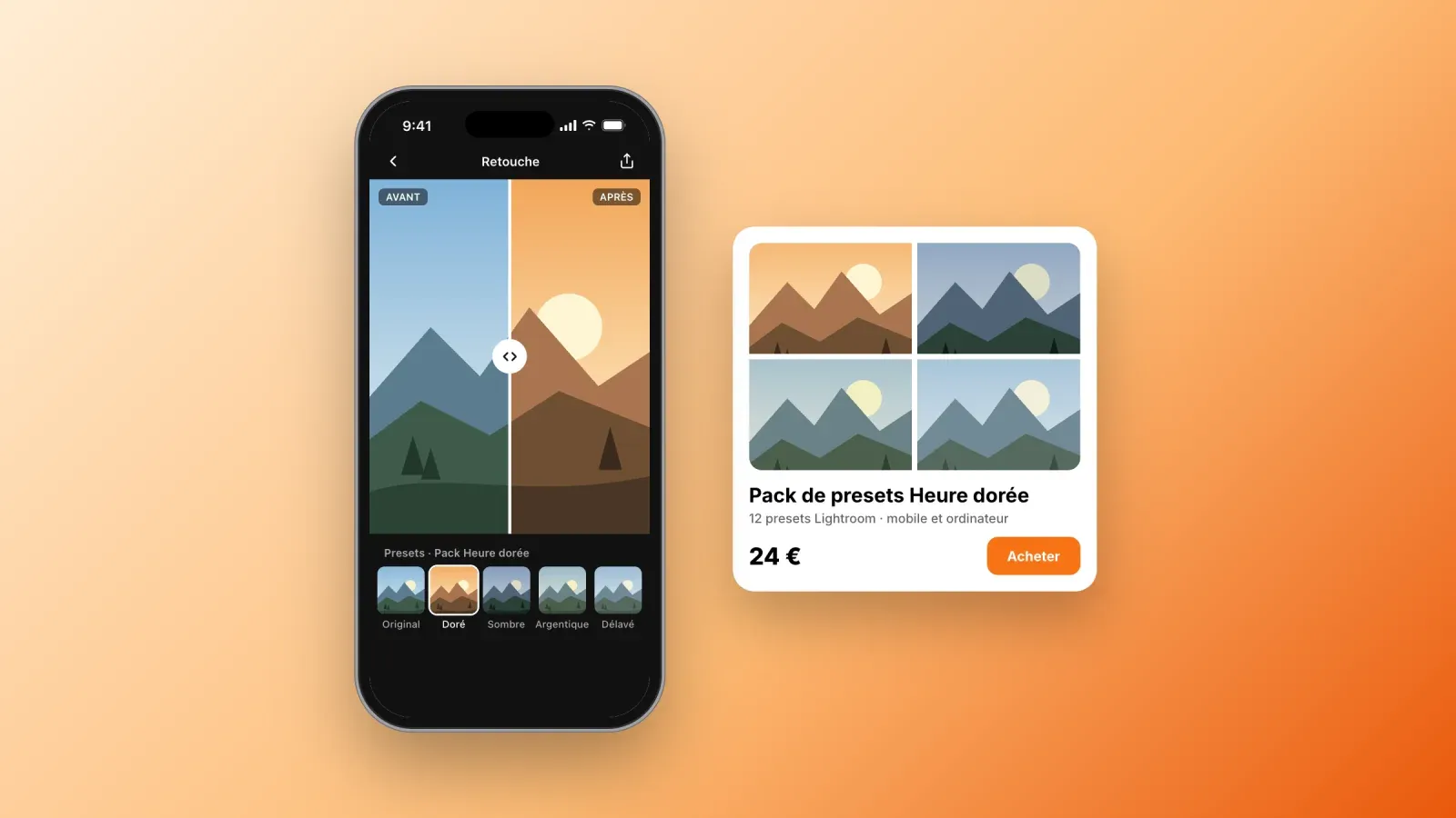 Un éditeur photo sur téléphone comparant un paysage avant et après un preset heure dorée, à côté de la fiche d'un pack de 12 presets Lightroom à 24 €