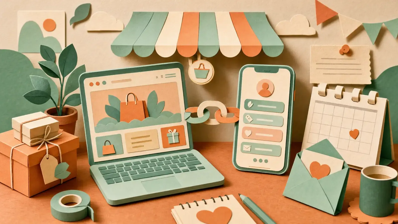 Scène en papier découpé avec un site sur ordinateur et une page lien-en-bio sur téléphone reliés par une chaîne sous un même auvent de boutique