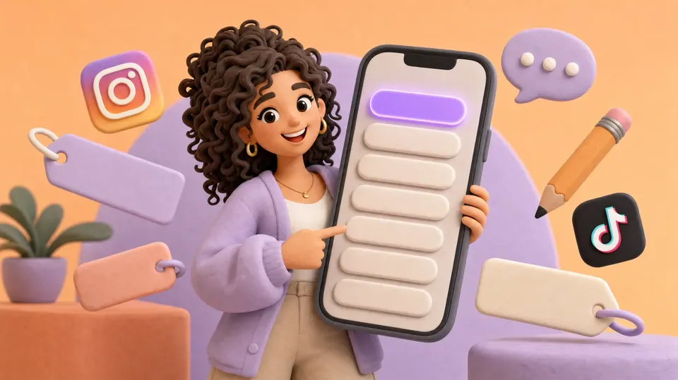 Smiling creator in 3D clay style holding a giant phone with a link-in-bio page of blank buttons, surrounded by label tags, a pencil and the Instagram and TikTok logos