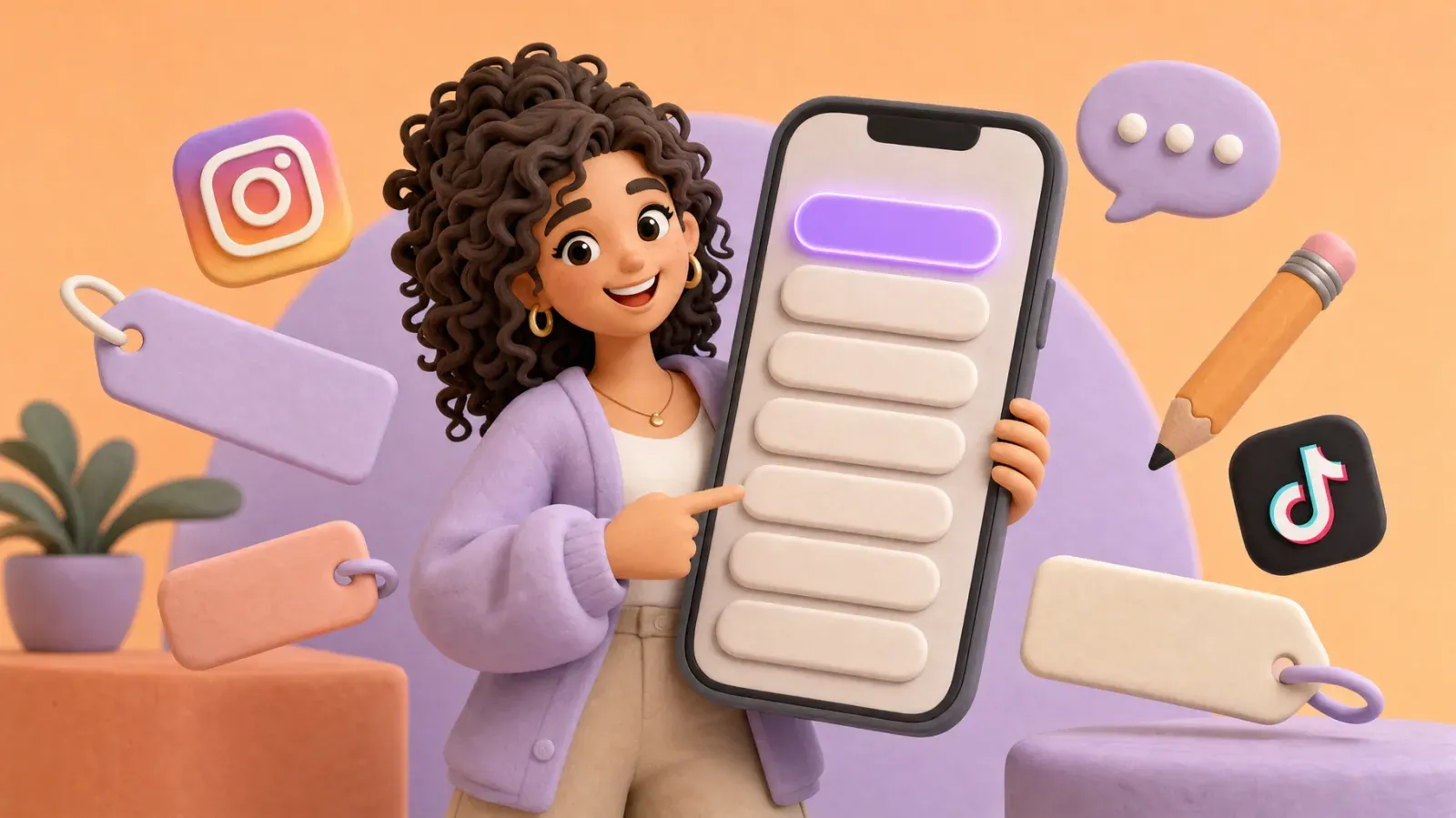 Créatrice souriante en style pâte à modeler 3D tenant un grand téléphone avec une page lien en bio aux boutons vierges, entourée d'étiquettes, d'un crayon et des logos Instagram et TikTok
