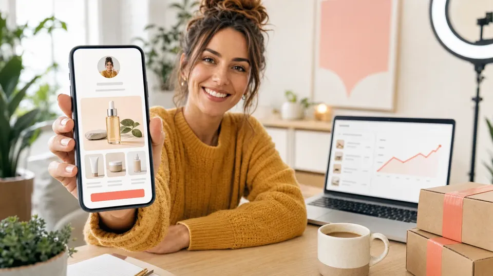 Smiling creator at her desk holding up her phone with her link-in-bio storefront, next to a sales chart and parcels ready to ship
