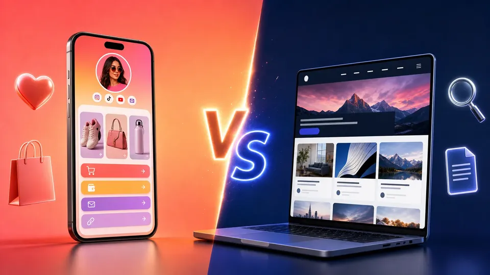 Split image of a phone with a colorful link-in-bio storefront facing a laptop with a multi-page website, with a glowing VS in the middle