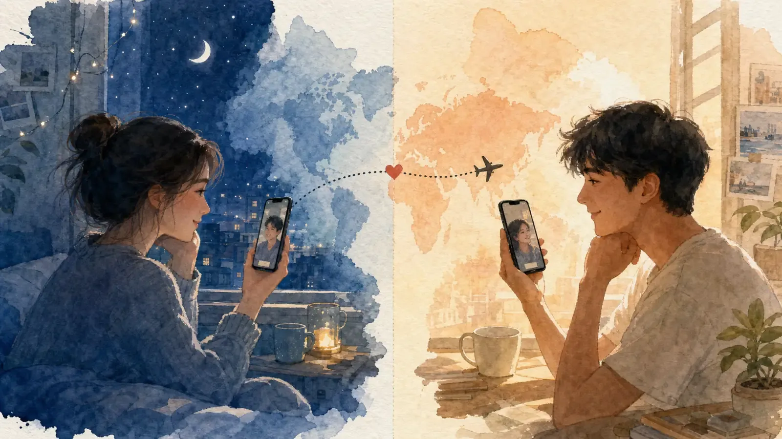 Watercolor of a long-distance couple on a video call, one at night and one in the morning, joined by a dotted line and a plane over a world map