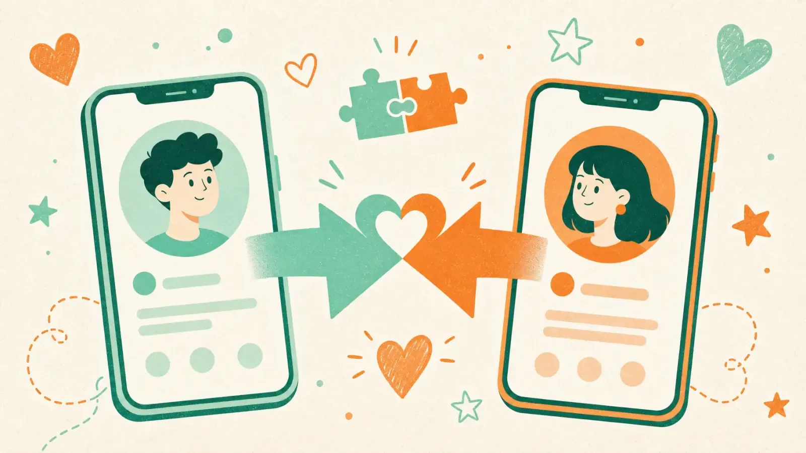 Flat illustration of two phone profiles with arrows pointing toward each other and forming a heart, illustrating matching couple bios