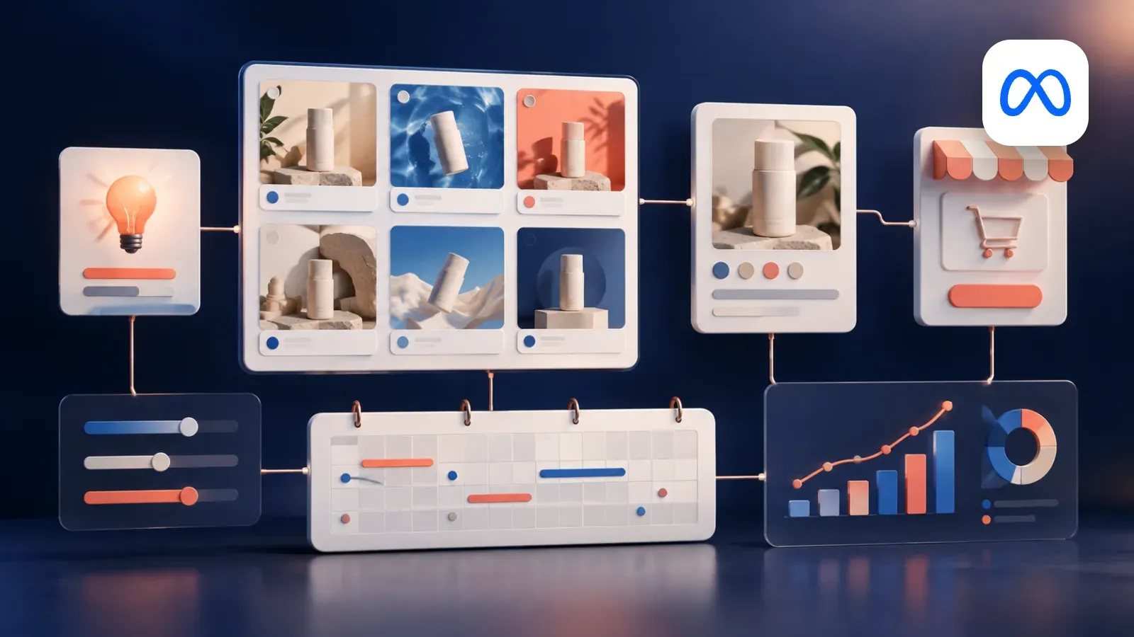Campaign research board linking product ad variations, a timeline, a storefront and a results chart, with the Meta logo