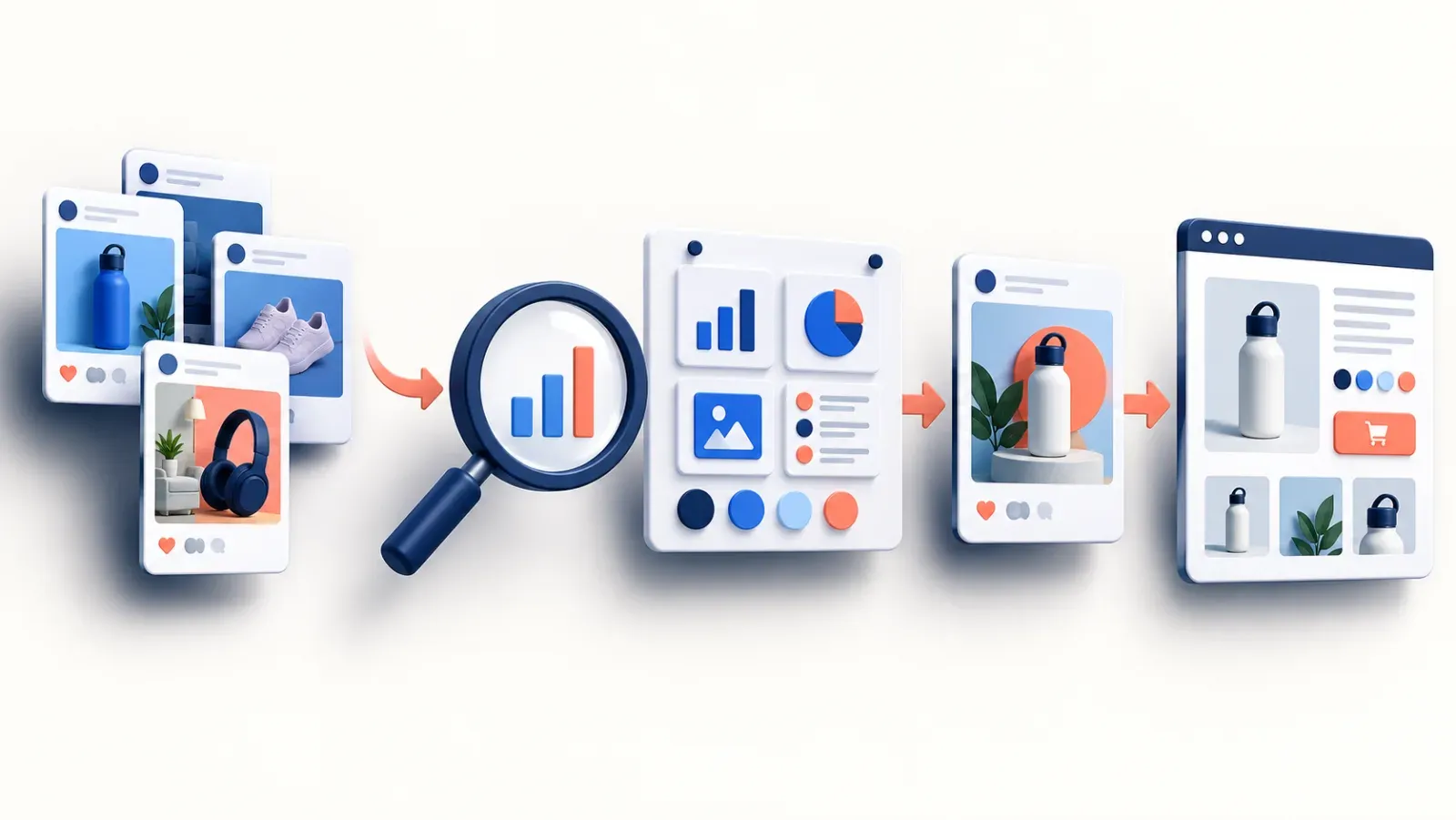 Workflow from public ad examples through pattern analysis to an original ad and the matching product page