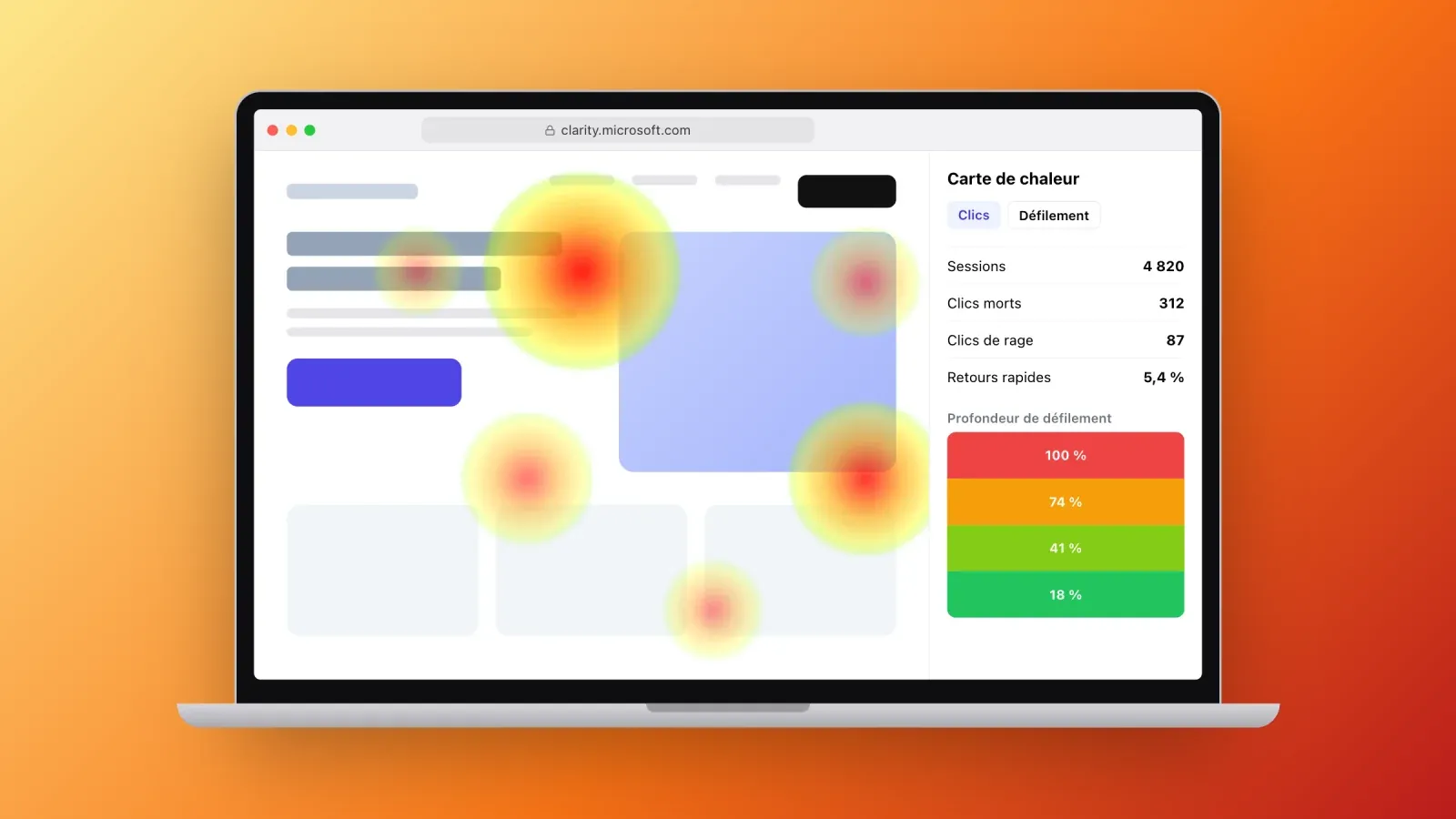 Carte de chaleur des clics Microsoft Clarity sur une page d'accueil, avec clics morts, clics de rage, retours rapides et barre de profondeur de défilement