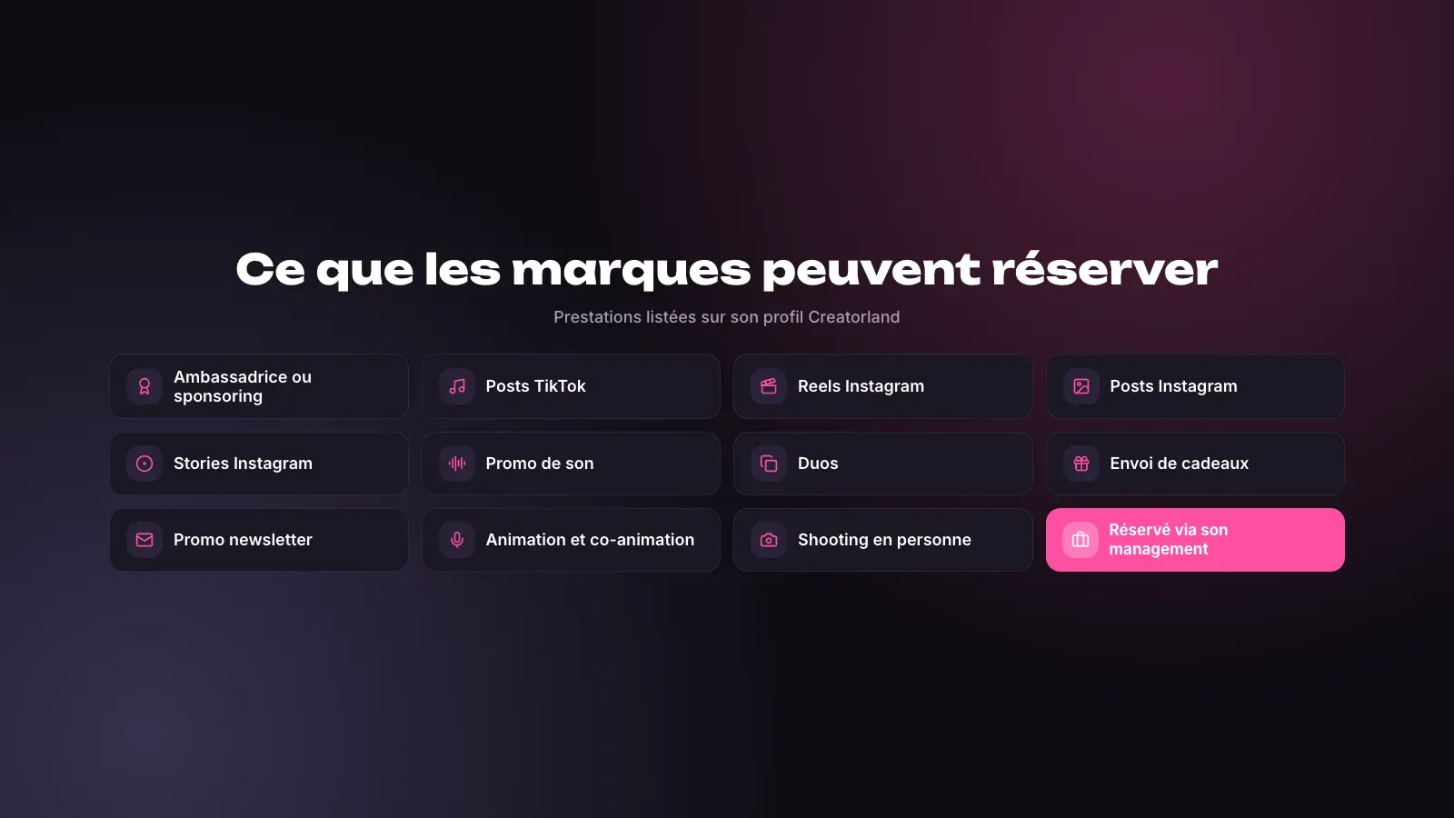 Grille des prestations que les marques peuvent réserver d'après son profil Creatorland, des posts TikTok et Reels aux promos de son, duos, cadeaux et shootings