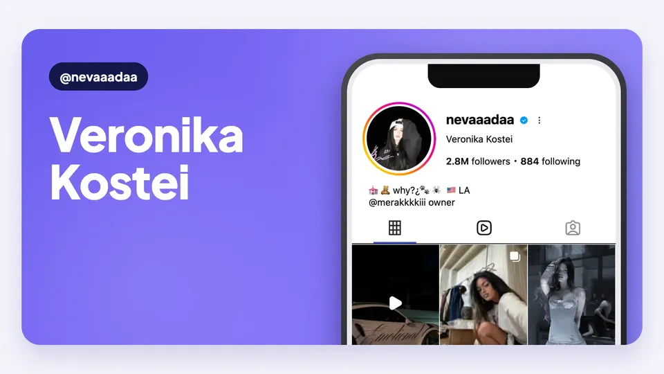 Creator bio cover for nevaaadaa, Veronika Kostei, her name on a purple card next to a phone showing her real Instagram profile with 2.8M followers