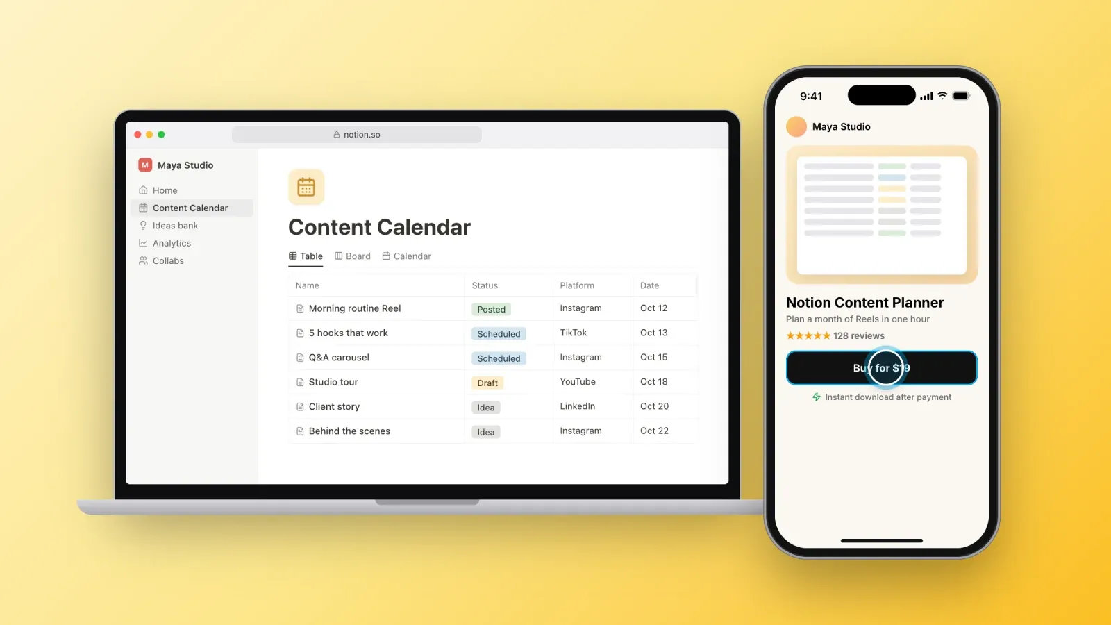 A Notion content calendar template with posts, statuses, platforms and dates on a laptop, next to its product page on a phone with a buy for $19 button