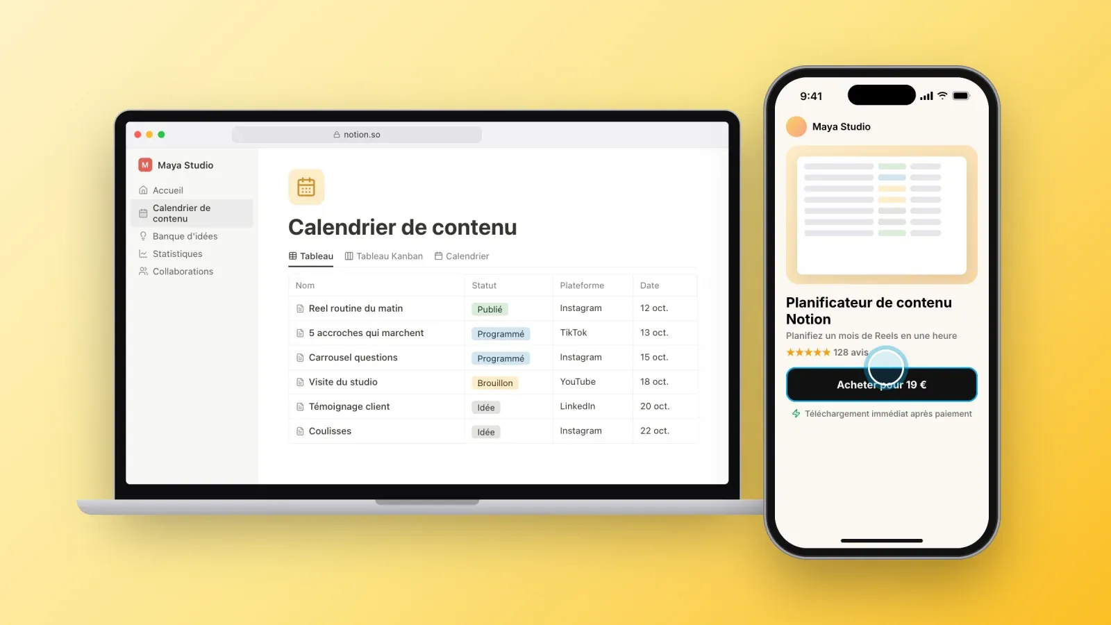 Un modèle Notion de calendrier de contenu avec publications, statuts, plateformes et dates sur un ordinateur, à côté de sa page produit sur téléphone avec un bouton acheter pour 19 €