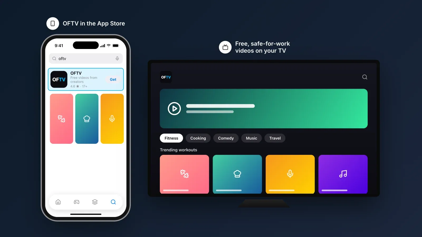OFTV, the official OnlyFans app, shown in the App Store search results on an iPhone and on a TV with free fitness, cooking, comedy and music videos