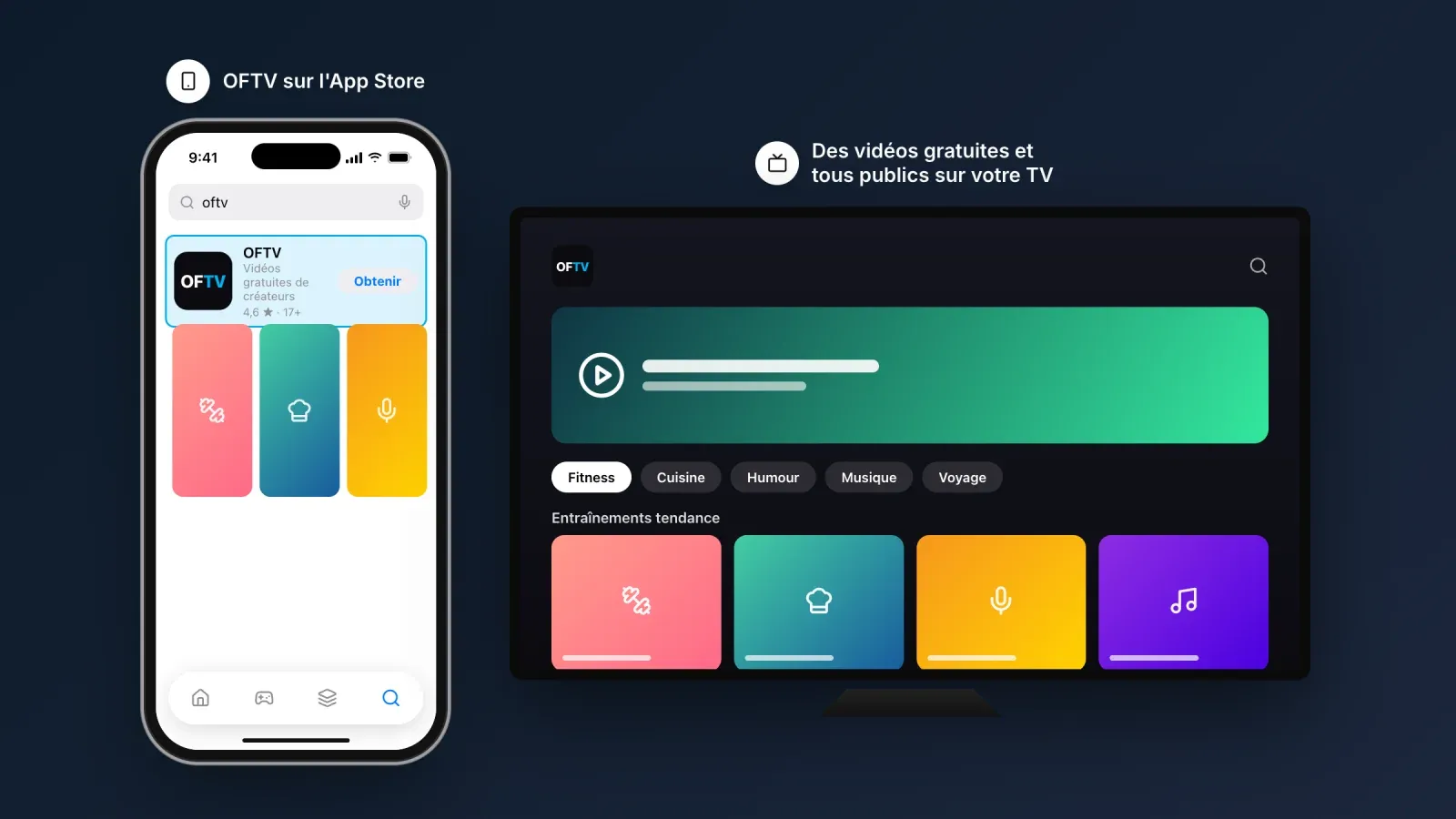 OFTV, l'application officielle d'OnlyFans, dans les résultats de recherche de l'App Store sur iPhone et sur une TV avec des vidéos gratuites de fitness, cuisine, humour et musique