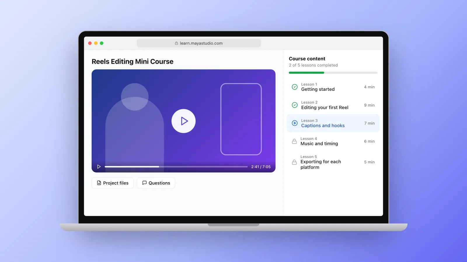 An online course player on a laptop with a video lesson, project files and a list of five lessons showing two completed, one in progress and two locked
