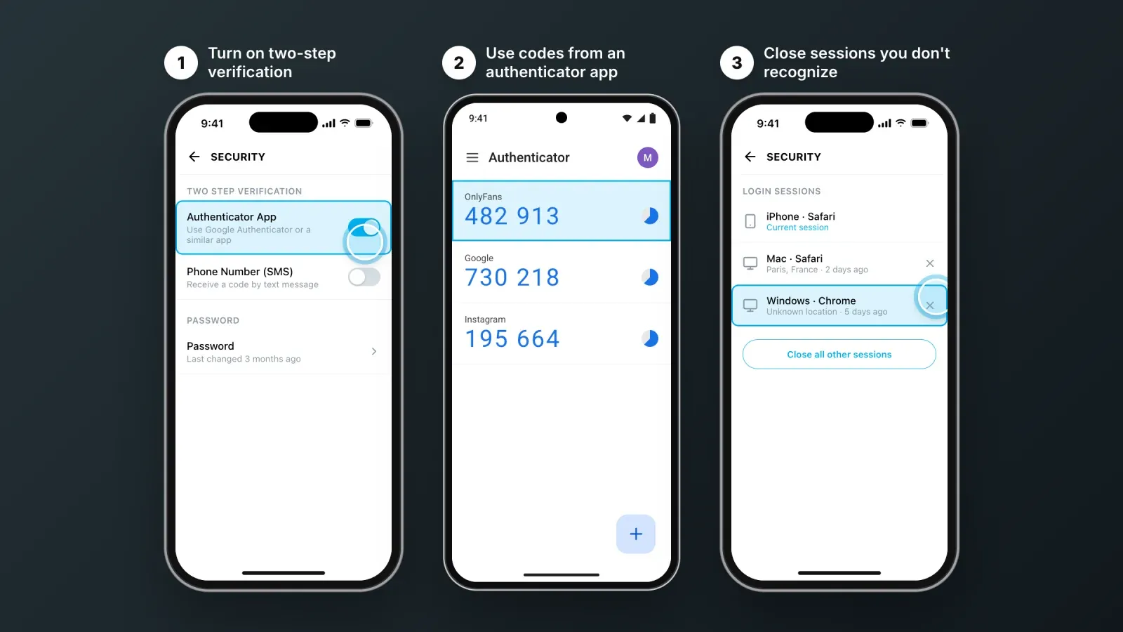 Securing an OnlyFans account on mobile, turning on two-step verification with an authenticator app, a six-digit code and closing an unknown login session