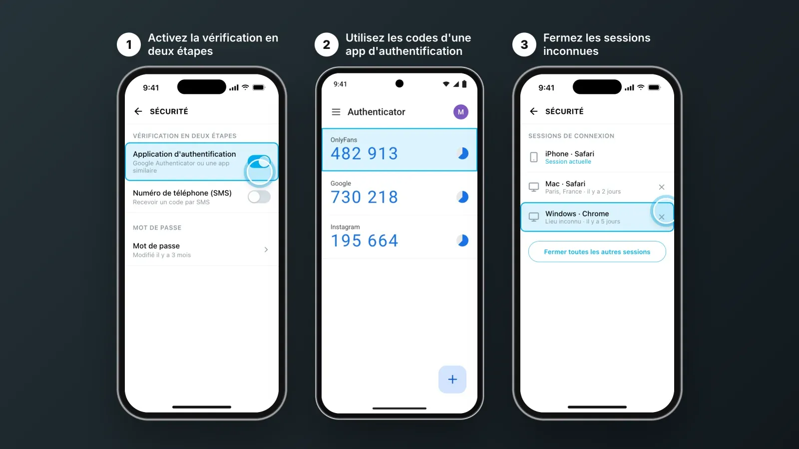 Sécuriser un compte OnlyFans sur mobile, activer la vérification en deux étapes avec une app d'authentification, un code à six chiffres et la fermeture d'une session inconnue