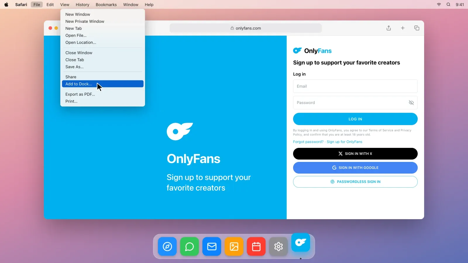 Safari on a Mac showing the OnlyFans login page with the File menu open on Add to Dock, and the new OnlyFans icon in the Dock