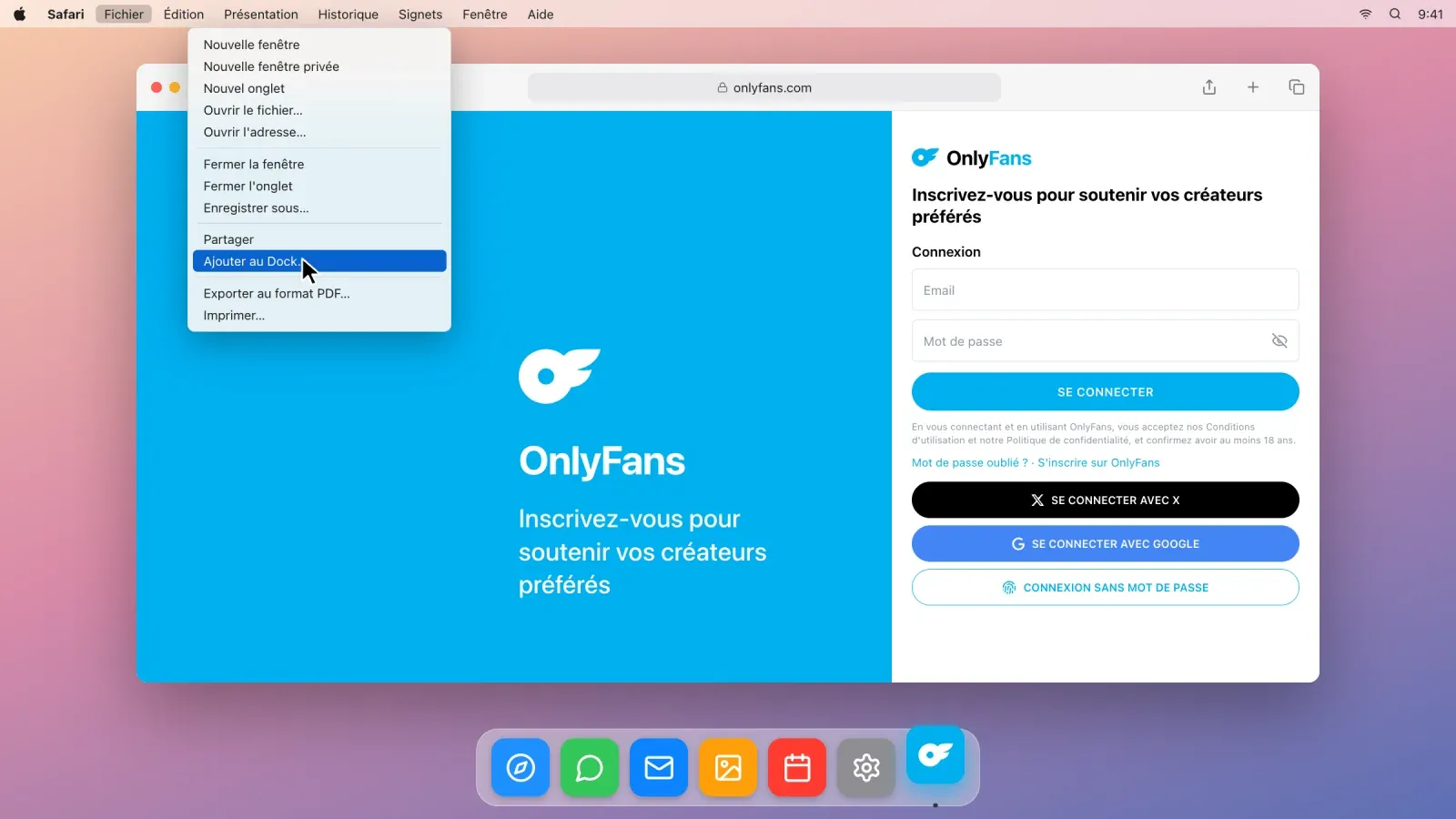 Safari sur Mac affichant la page de connexion OnlyFans avec le menu Fichier ouvert sur Ajouter au Dock, et la nouvelle icône OnlyFans dans le Dock