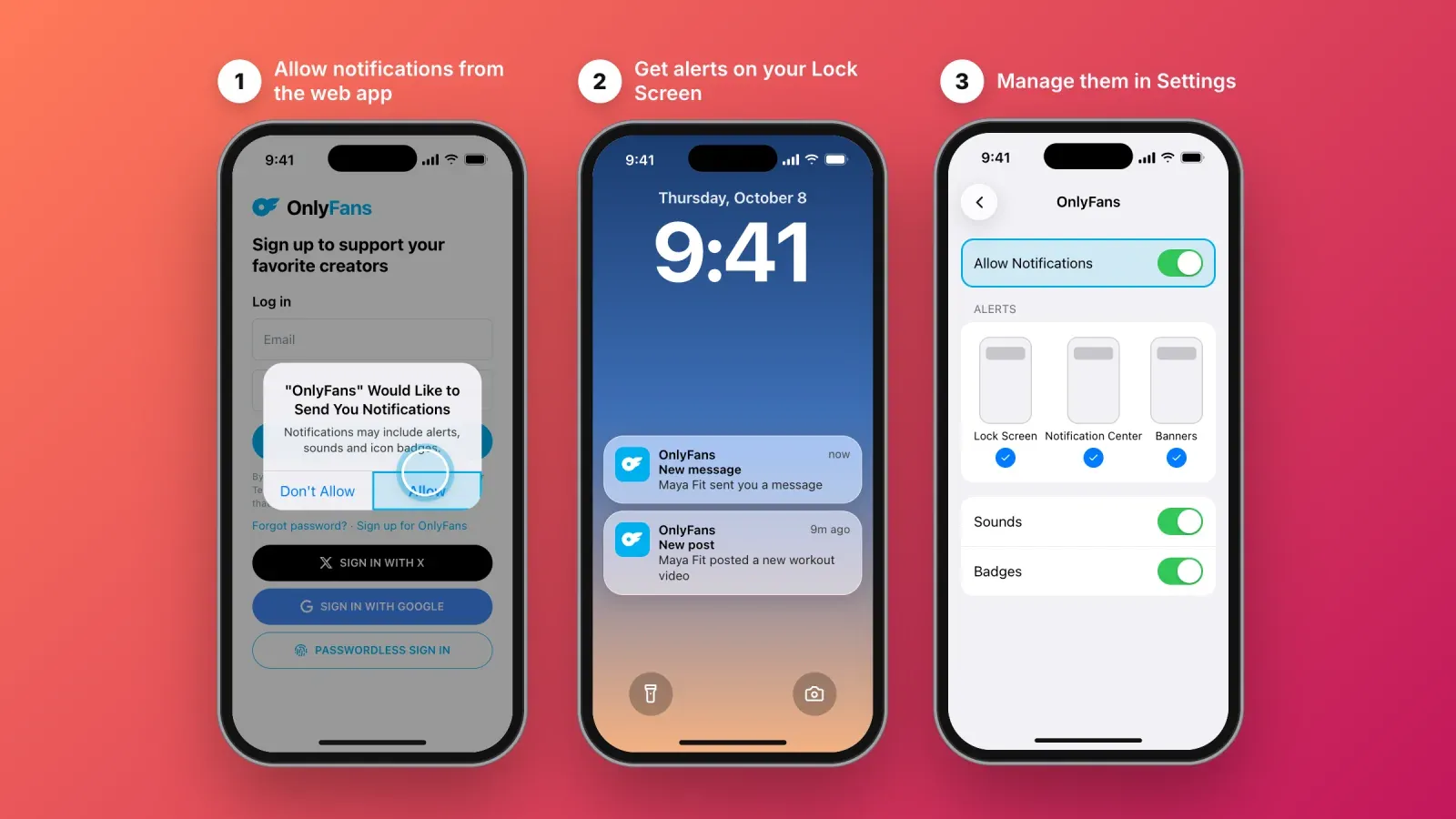 Three iPhone screens for OnlyFans web app notifications, the Allow notifications prompt, OnlyFans alerts on the Lock Screen and the notification settings