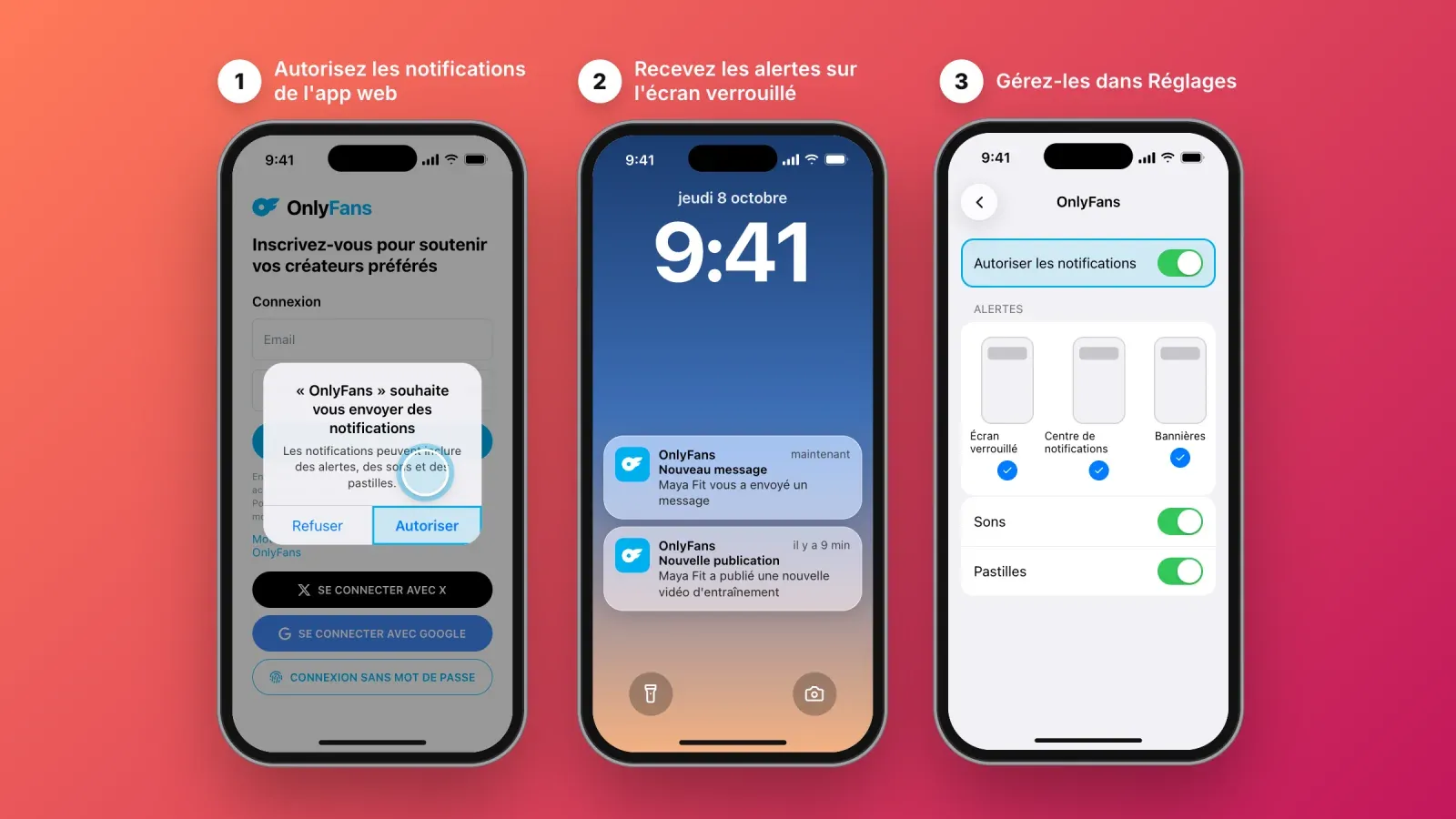 Trois écrans d'iPhone pour les notifications de l'app web OnlyFans, la demande d'autorisation, les alertes OnlyFans sur l'écran verrouillé et les réglages de notifications