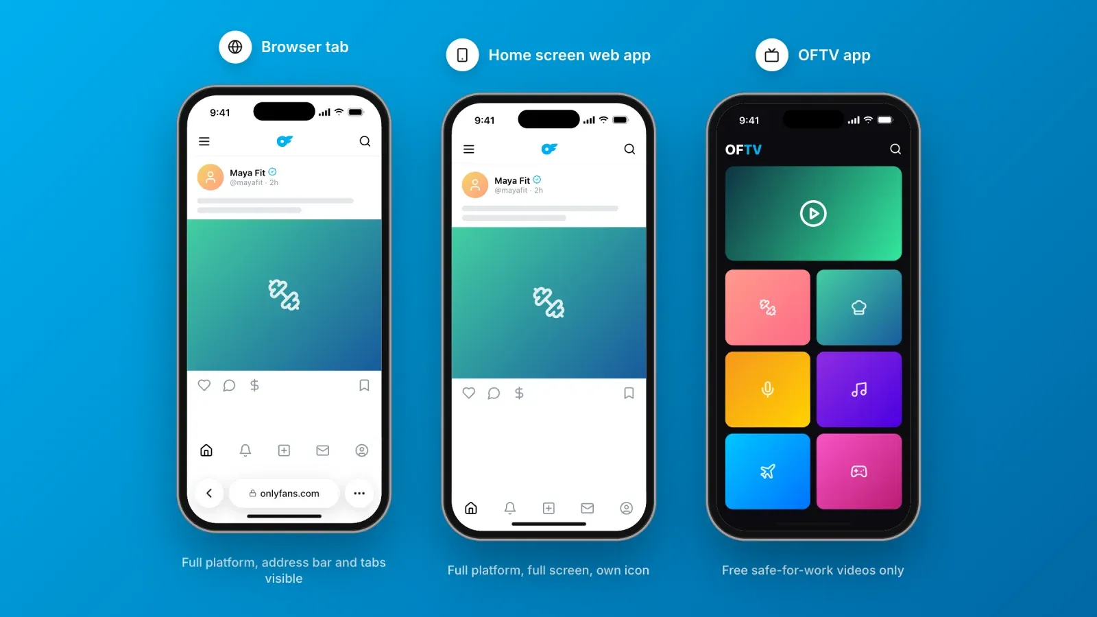 Three iPhones compared, OnlyFans in a Safari tab with the address bar, the full-screen OnlyFans web app from the home screen, and the separate OFTV video app