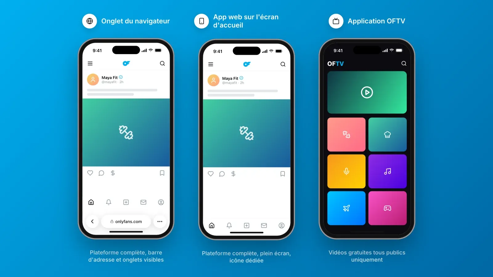 Trois iPhone comparés, OnlyFans dans un onglet Safari avec la barre d'adresse, l'app web OnlyFans en plein écran depuis l'écran d'accueil, et l'application vidéo distincte OFTV