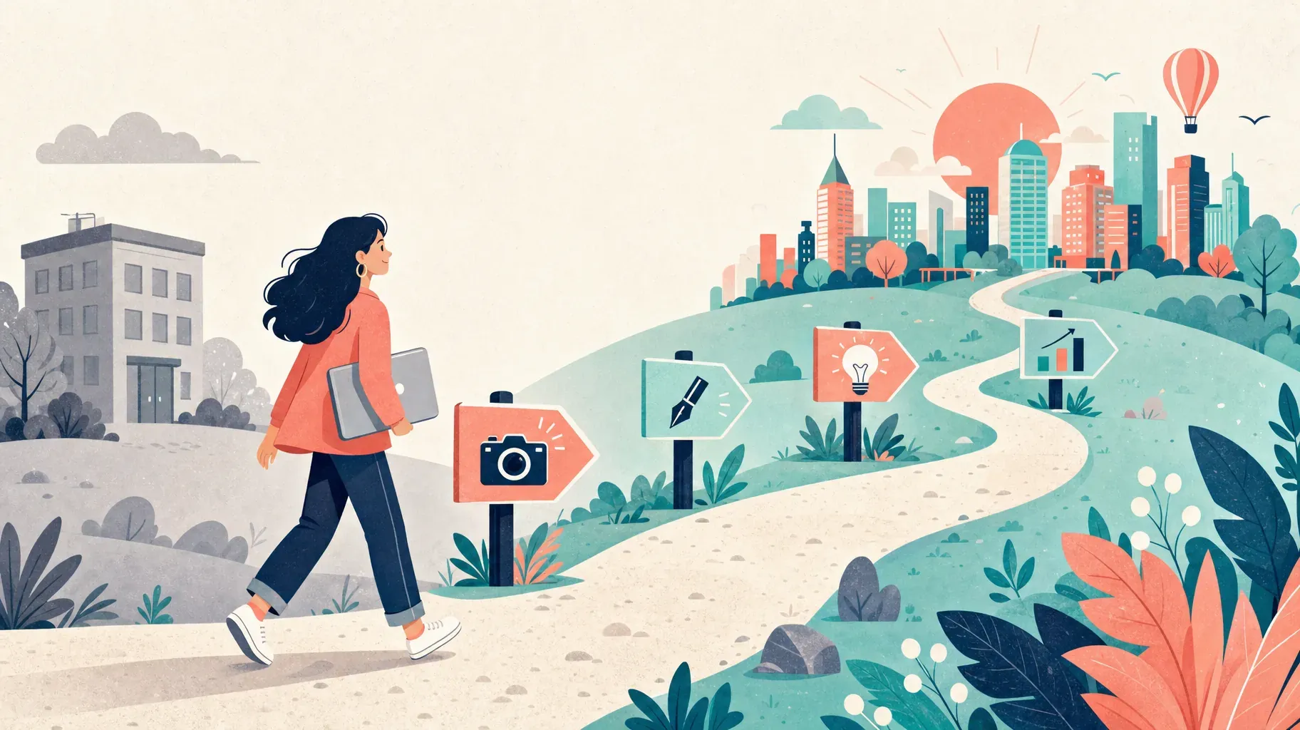 Illustration d'une femme avec un ordinateur marchant d'un bureau gris vers une ville colorée, sur un chemin jalonné de ses contenus publiés
