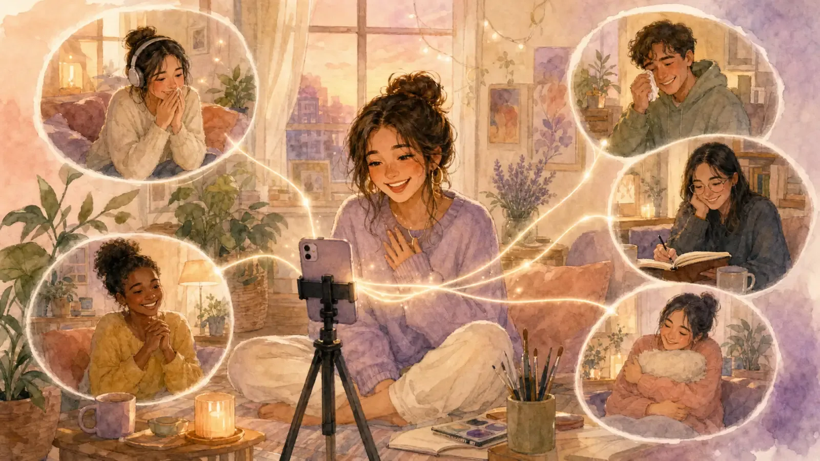 Aquarelle d'une créatrice enregistrant une vidéo, reliée par des fils lumineux à des personnes chez elles, émues, prenant des notes ou souriantes