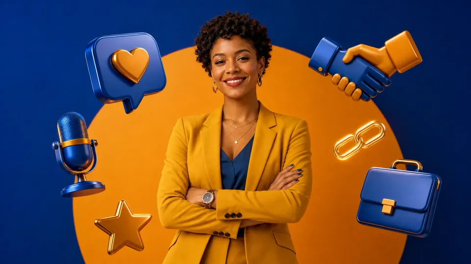 Confident entrepreneur in a mustard suit surrounded by 3D icons for a handshake, microphone, heart message, star, briefcase and link