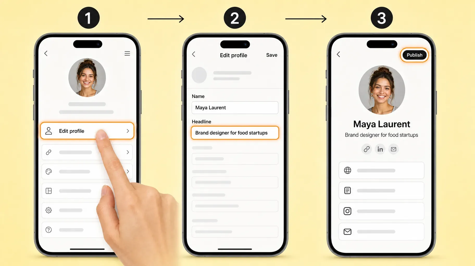 Three steps to set up a personal brand page, tap Edit profile, add your name and headline, then publish the page