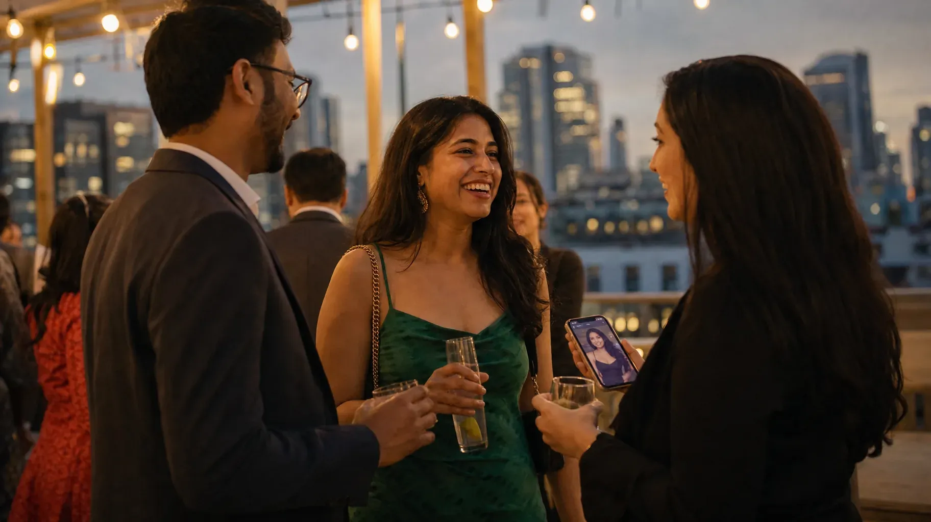 Créatrice riant lors d'un événement de networking sur un rooftop pendant qu'une invitée montre son profil en ligne sur un téléphone