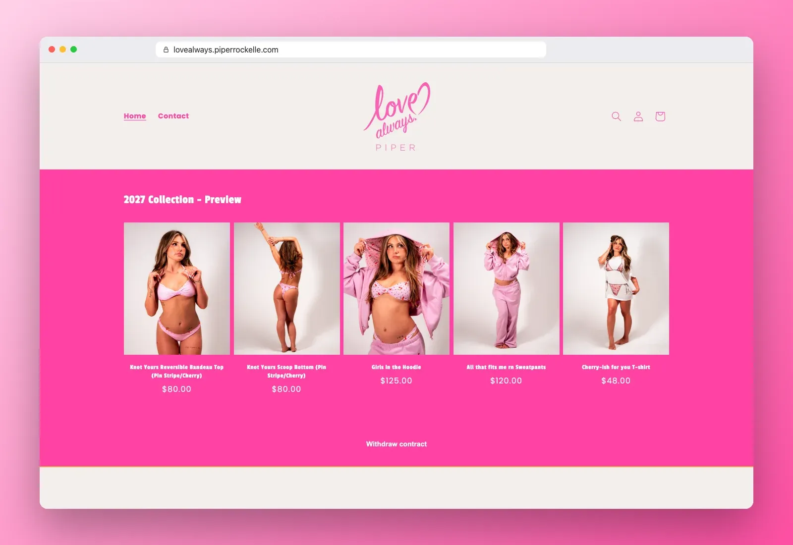 Vraie capture de la boutique LoveAlways sur lovealways.piperrockelle.com montrant l’aperçu de la collection 2027 avec cinq pièces de maillots et loungewear de 48 à 125 $