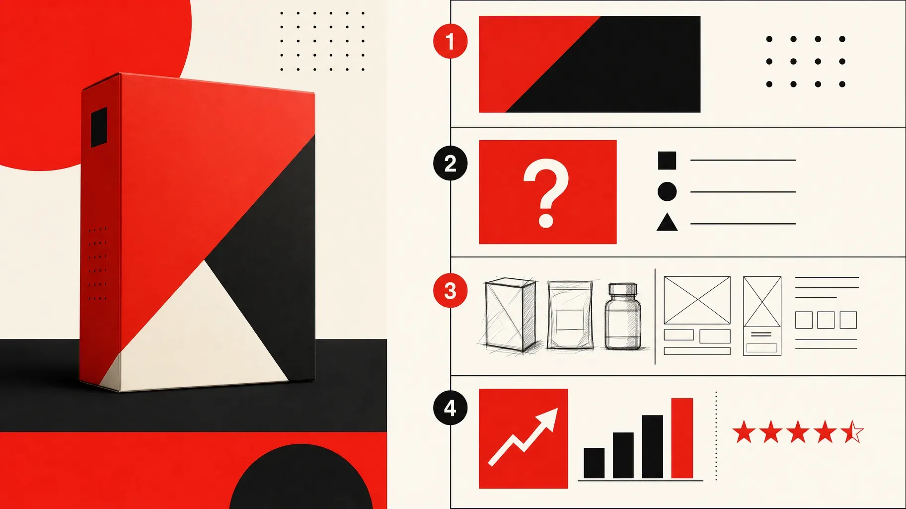 Swiss-style poster showing a portfolio case study structure in four numbered blocks, hero image, problem, process sketches and results