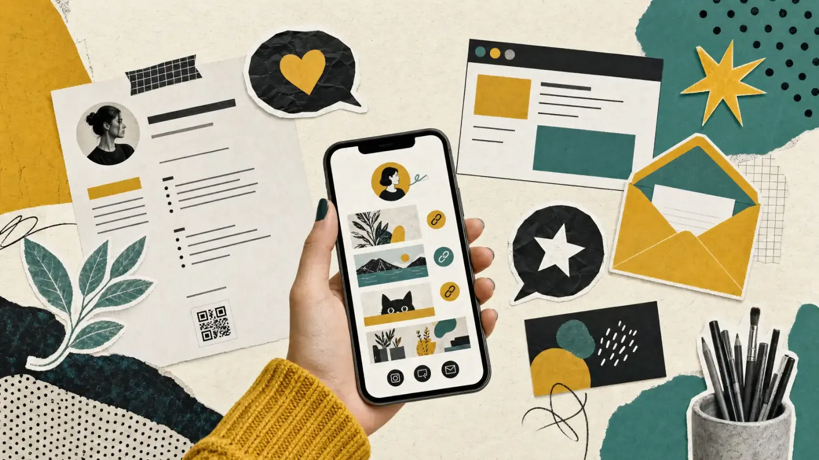 Paper collage of a hand holding a phone with a portfolio page, surrounded by a résumé with a QR code, a website, an email and a business card