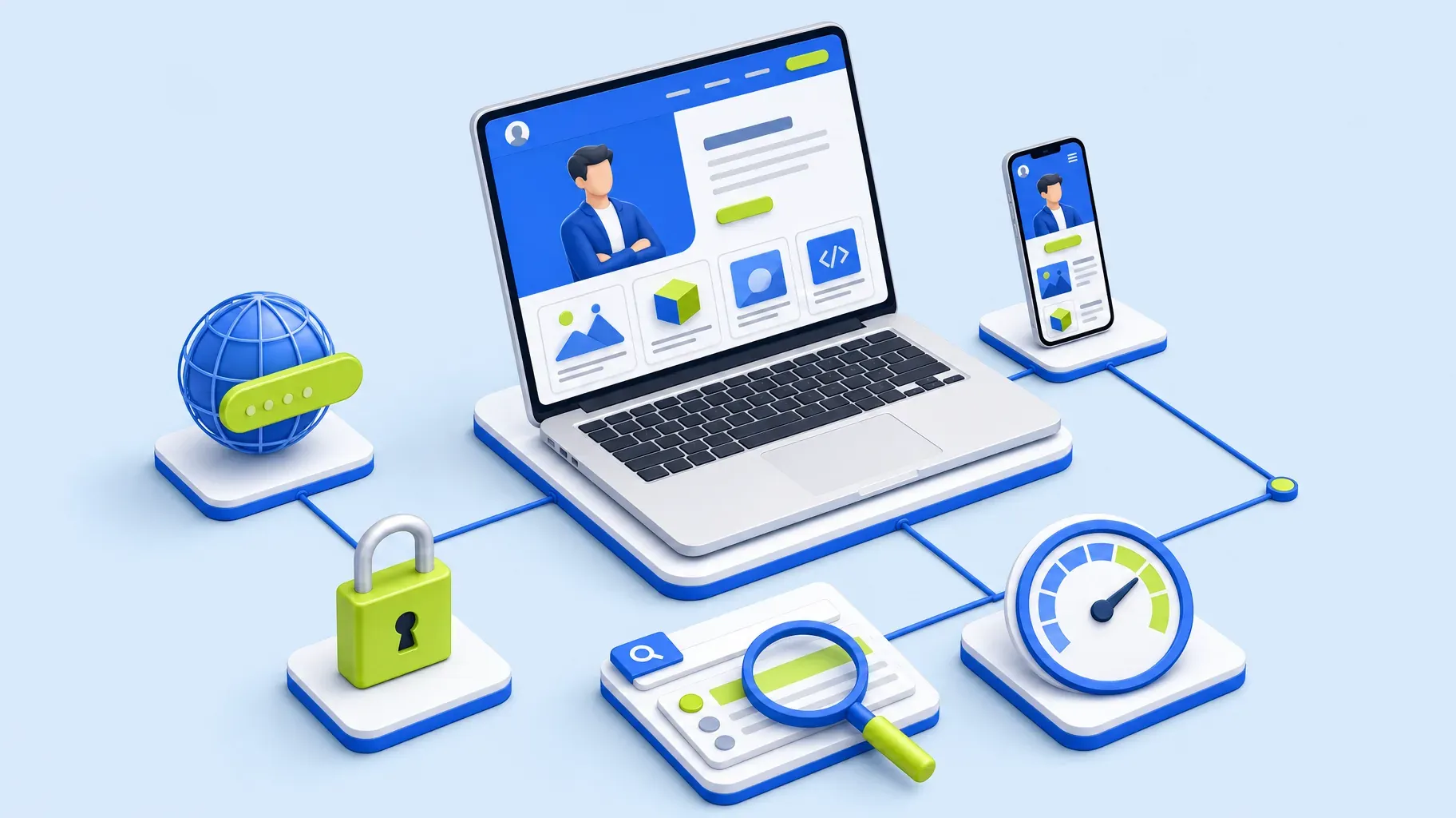 Isometric laptop with a portfolio website connected to tiles for a domain name, SSL padlock, search results, page speed and mobile version