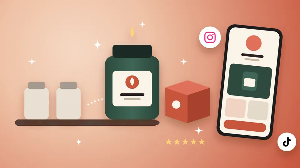 Pots génériques sur une ligne de production à côté d'un pot de bougie vert avec sa propre étiquette, d'une boîte à la marque et d'une boutique sur téléphone avec les icônes Instagram et TikTok