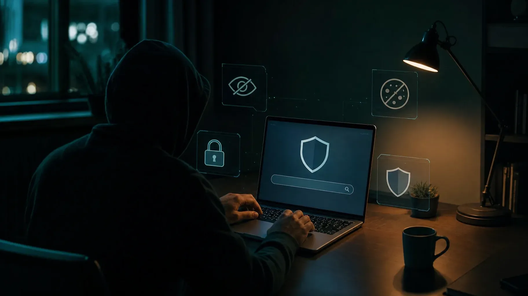 Person searching at night on a laptop showing a private search page with a shield, surrounded by padlock, hidden eye and blocked tracker icons