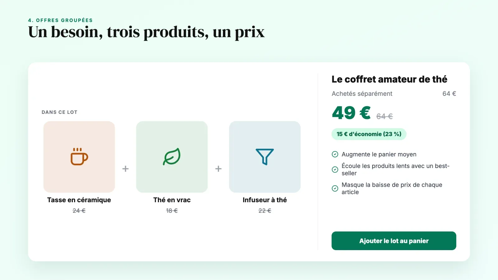 Offre groupée d'une tasse, de thé en vrac et d'un infuseur vendue 49 € au lieu de 64 €, avec les avantages des lots
