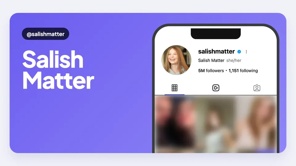 Creator bio cover for Salish Matter, her name on a purple card next to a phone showing her real Instagram profile with 5M followers