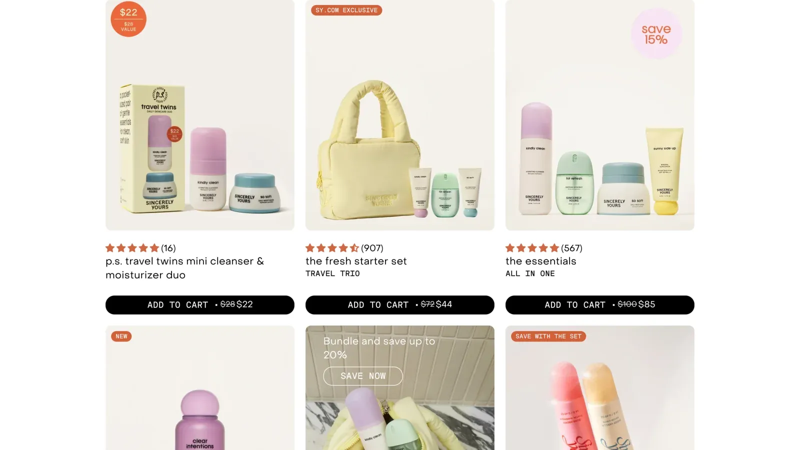 Real screenshot of the Sincerely Yours store showing the travel twins duo at $22, the fresh starter set at $44 with 907 reviews and the essentials at $85 with 567 reviews