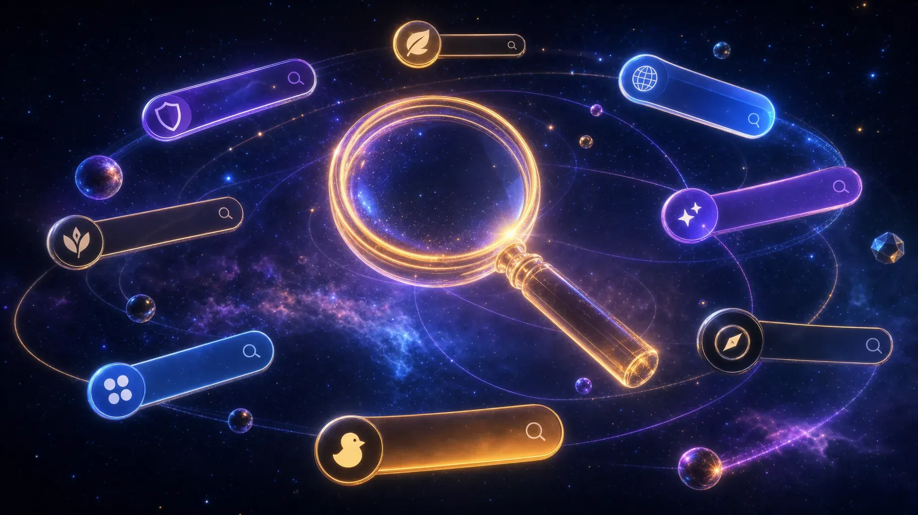 Glowing magnifying glass surrounded by orbiting search bars with different icons, representing the many search engines other than Google