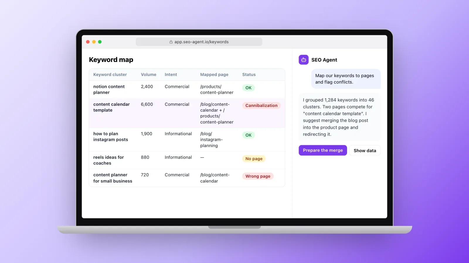 Keyword map in an SEO agent app with clusters, volumes, intent and mapped pages flagged OK, cannibalization, no page or wrong page, next to the agent proposing a merge