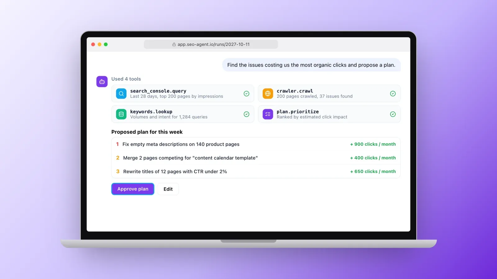 An SEO agent run that used Search Console, a crawler, keyword data and prioritization tools, then proposed a three-step weekly plan with estimated click gains and an approve button