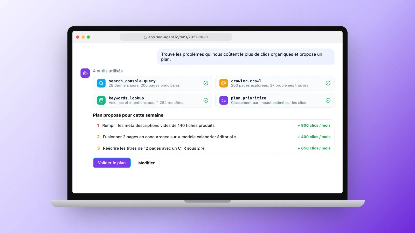 Une exécution d'agent SEO qui utilise la Search Console, un crawler, des données de mots-clés et un outil de priorisation, puis propose un plan hebdomadaire en trois étapes avec gains de clics estimés et un bouton de validation
