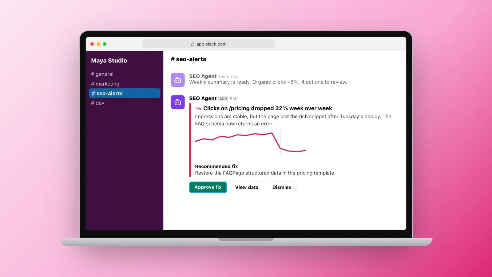 Slack message from an SEO agent reporting a 32% weekly drop in clicks on the pricing page, with a chart, the suspected cause and an approve fix button