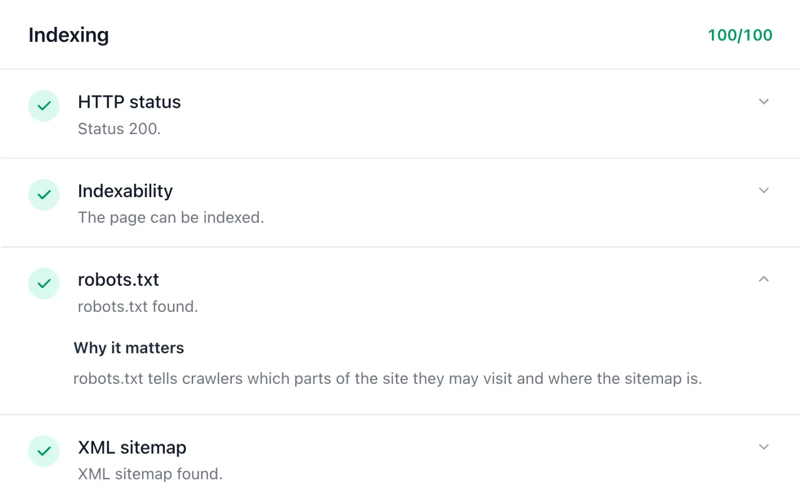 Indexing section of the SEO report with HTTP status, indexability, robots.txt and XML sitemap checks