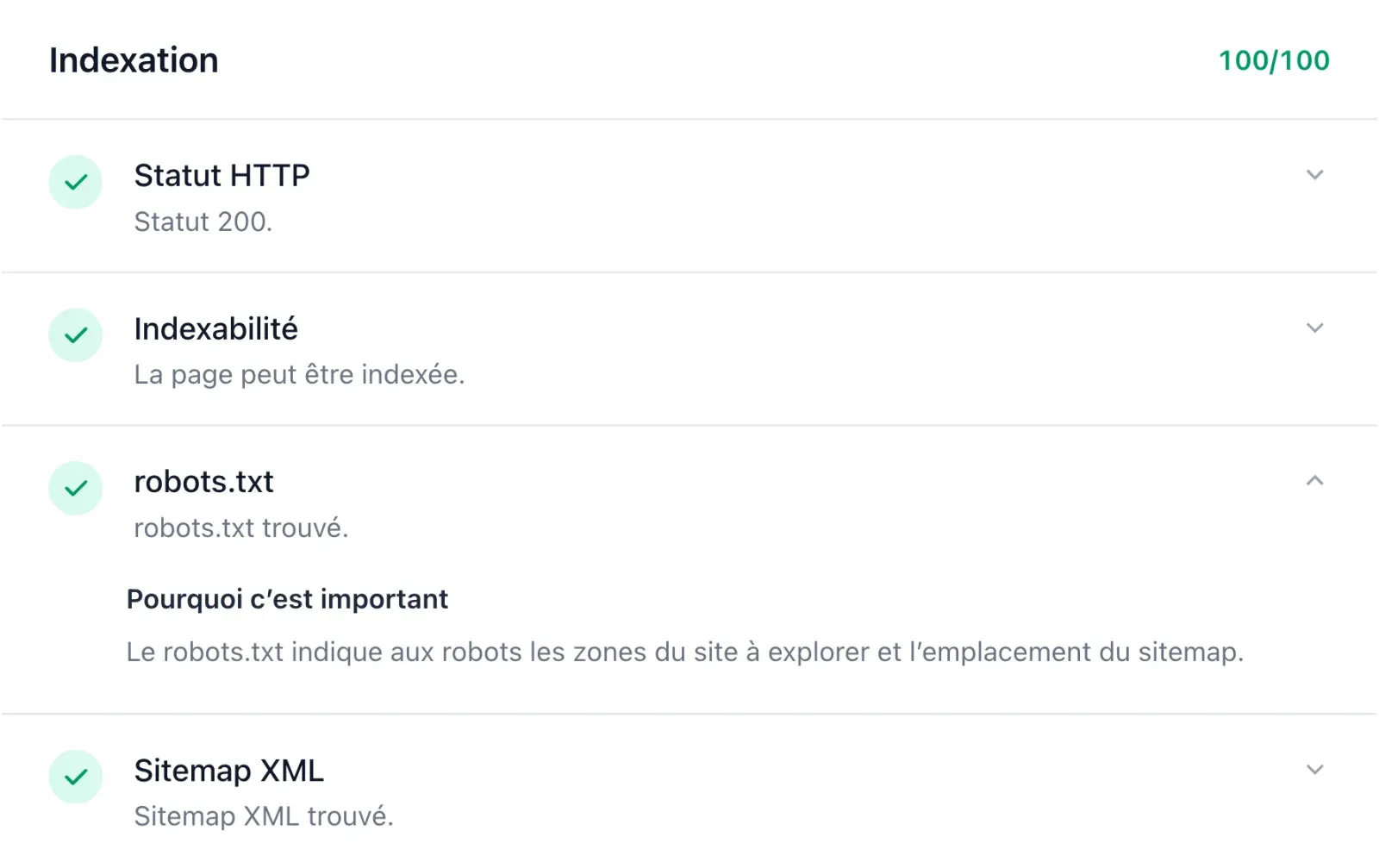Section indexation du rapport SEO avec statut HTTP, indexabilité, robots.txt et sitemap XML